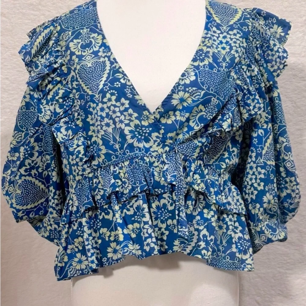 Floral Blue Ruffle Top - Picture 1 of 4